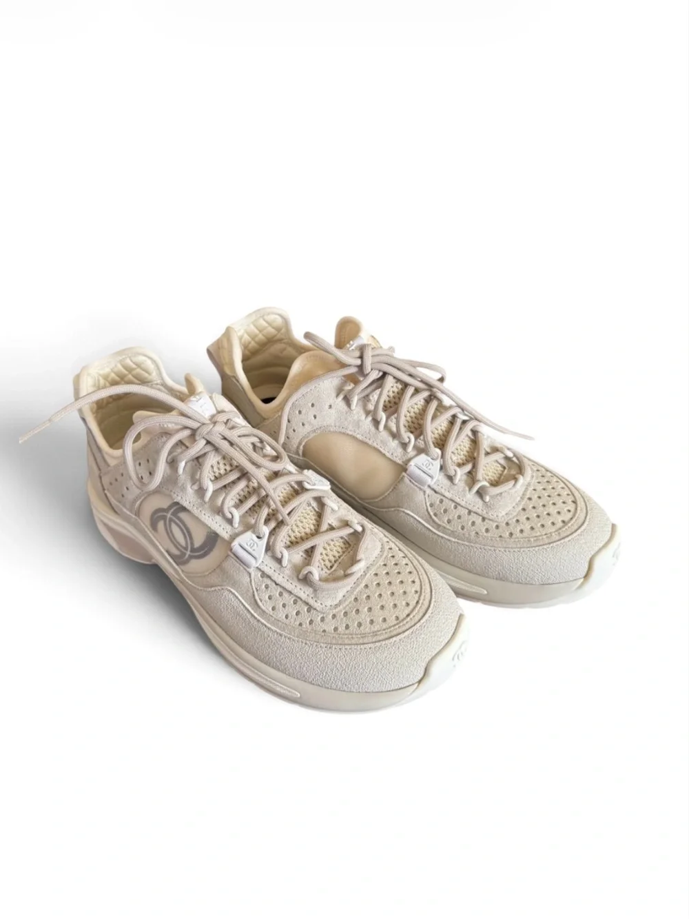 🆕💕CHANEL Mesh Suede Calfskin Interlocking CC Logo Chunky Sneakers 37.5 IT • NIB